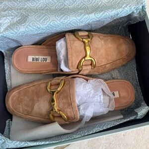 Anthropologie Bibi Lou Slip-On Tan Suede Loafers with Gold Accent